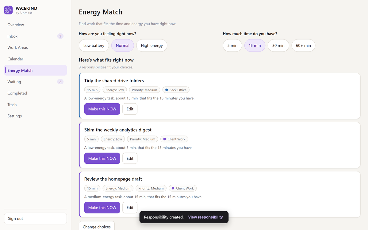 Energy Match in Pacekind with Normal energy and 15 minutes selected, listing the responsibilities that fit